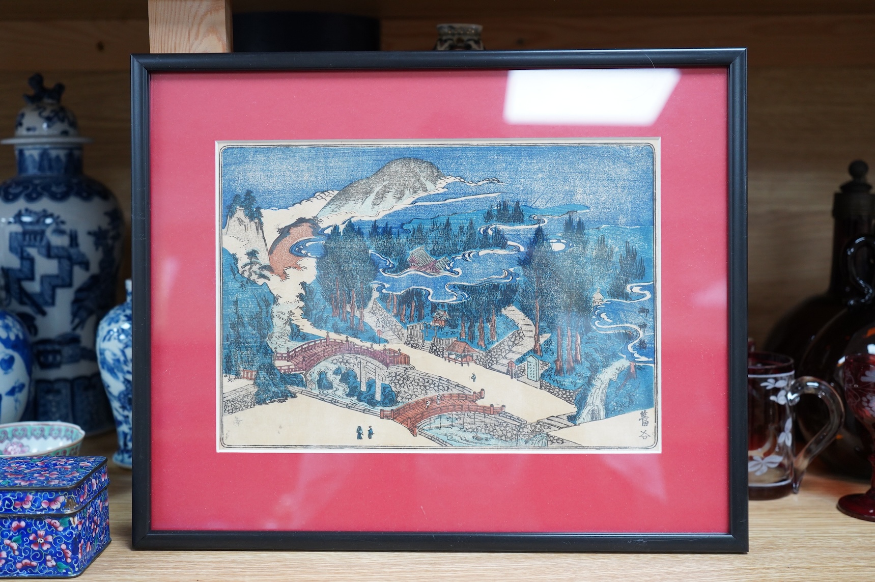 A set of four Japanese woodblock later reprints, Winter scenes, together with a later example, 18 x 25cm